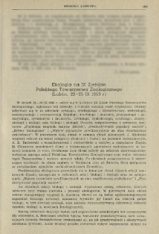 Ekologia na IX Zjeździe Polskiego Towarzystwa Zoologicznego (Lublin, 22-25 IX 1969 r.)
