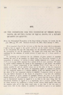 On the Conditions for the existence of three equal Roots, or of two pairs of equal Roots, of a Binary Quartic or Quintic