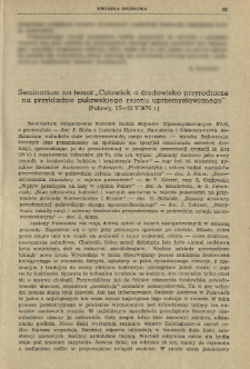 Seminarium na temat "Człowiek a środowisko przyrodnicze na przykładzie puławskiego rejonu uprzemysławianego" (Puławy, 25-26 V 1970 r.)