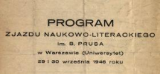 Program zjazdu naukowo-literackiego im. B. Prusa w Warszawie (Uniwersytet) 29 i 30 września 1946 roku