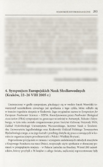 4. Sympozjum Europejskich Nauk Słodkowodnych (Krak&oacute;w, 22-26 VIII 2005 r.)
