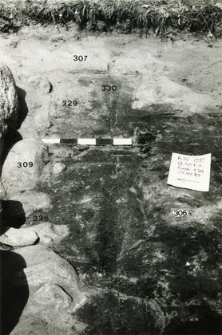 Grave 1-89, contour of the burial cut, visible apse wall foundation stones