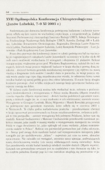 XVII Og&oacute;lnopolska Konferencja Chiropterologiczna (Jan&oacute;w Lubelski, 7-9 XI 2003 r.)