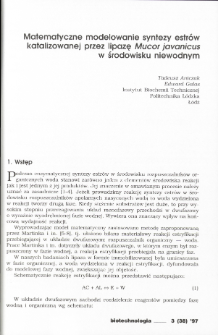 Matematyczne modelowanie syntezy estrów katalizowanej przez lipazę Mucor javanicus w środowisku niewodnym