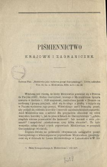 [Recenzja:] Tadeusz Pini: "Mickiewicz jako wydawca poezyi Garczyńskiego". Lwów, nakładem Tow. Lit. im. A. Mickiewicza, 1898, in 8-o, str. 48