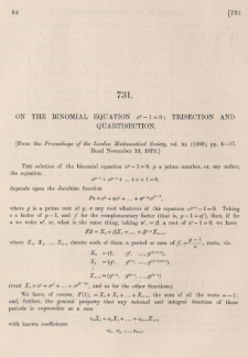 On the binomial equation xp-1=0; trisection and quartisection