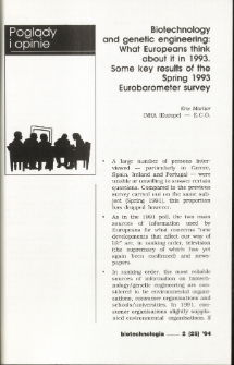 Biotechnology and genetic engineering: What Europeans think about it in 1993. Some key results of the Spring 1993 Eurobarometer survey