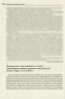 Międzynarodowy kurs szkoleniowy na temat "Limnologiczne podstawy gospodarowania jeziorami" (Tihany, Węgry, 11-23 X 1993 r.)