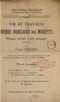 [Prospekt] Vie et travaux Henri Burgaud des Marets. Philologue, bibliophile et poète Saintongeais (1806-1873) par Camille Beaulieu