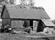 A framework half-timbered barn