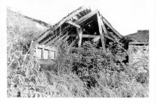 A fragment of a barns wall and roof structure