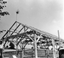 A half-timbered barn