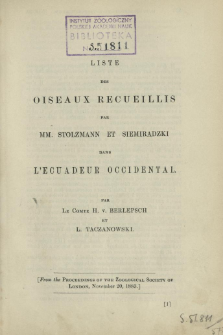 Liste des Oiseaux recueillis par MM. Stolzmann et Siemiradzki dans l'Ecuadeur occidental