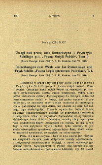 Uwagi nad pracą Jana Romaniszyna i Fryderyka Schillego p. t. "Fauna Motyli Polski", Tom. 1. = Bemerkungen zum Werk von Jan Romaniszyn und Fryd. Schille "Fauna Lepidopterorum Poloniae", T. 1