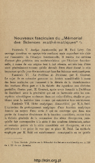Nouveaux fascicules du "M&eacute;morial des Sciences math&eacute;matiques"