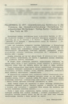 Recenzje. Fellenberg, G. 1977 - Umweltforschung. Einf&uuml;hrung in die Probleme der Umweltverschmutzung - Heidelberg Taschenb&uuml;cher 194, Springer-Verlag, Berlin-Heidelberg-New York, ss. 202