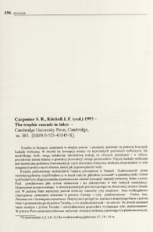 Carpenter S. R., Kitchell J. F. (red.) 1993 - The trophic cascade in lakes - Cambridge University Press, Cambridge, ss. 385. [ISBN 0-521-43145-X]
