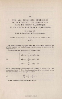 Sur les équations générales du mouvement d'un corpuscule dans un champ magnétique et un champ électrique superposés. « Archiv for Math. og Naturvidenskab », Bd. XXXI, Nr. 12, pp. 3-7