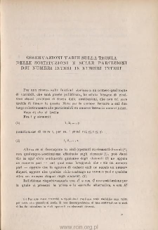 Osservazioni varie sulla teoria delle sostituzioni e sulle partizioni dei numeri interi in numeri interi