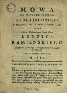 Mowa Do Nayiasnieyszego Krola Jegomosci W Rekognicyi Od Trybunału Głow. Litt.