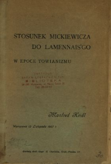 Stosunek Mickiewicza do Lamennais'go w epoce towianizmu