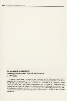 Sprawozdanie z działalności Polskiego Towarzystwa Hydrobiologicznego w 1994 roku