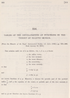 Tables of the developments of functions in the theory of elliptic motion
