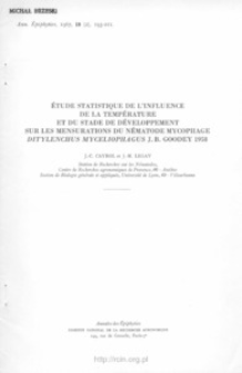 Étude statistique de l'influence de la température et du stade de développement sur les mensurations du nématode mycophage Ditylenchus myceliophagus J. B. Goodey 1958