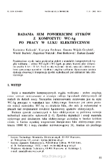 Badania SEM powierzchni styk&oacute;w z kompozytu WC-Ag po pracy w łuku elektrycznym = SEM study of WC-Ag contact surface after ARC testing