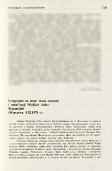 Sympozjum na temat stanu czystości i eutrofizacji Wielkich Jezior Mazurskich (Warszawa, 9 XI 1978 r.)