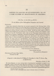 Letter to Graves on Quanternions; or on a new System of Imaginaries in Algebra (1843)
