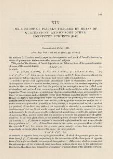 On a Proof of Pascal’s Theorem by means of Quaternions; and on some other connected subjects (1846)