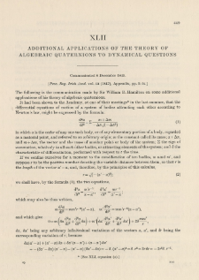 Additional applications of the Theory of Algebraic Quaternions to Dynamical Questions (1845)