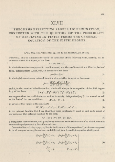 Theorems respecting Algebraic Elimination, connected with the Question of the Possibility of resolving in finite Terms the general Equation of the Fifth Degree (1836)