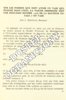 Sur les formes que doit avoir un vase qui, plong&eacute; dans l'eau, la partie immerg&eacute;e soit une fonction don&eacute;e x₁(x) de la hauteur totale x du vase)