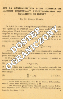 Sur la g&eacute;n&eacute;ralisation d'une formule de Lancret concernant l'uniformisation des &eacute;quations de Frenet)