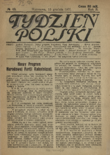 Tydzień Polski : tygodnik polityczno-społeczny : wychodzi w sobotę 1921 N.49