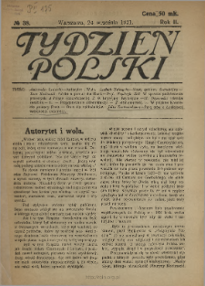 Tydzień Polski : tygodnik polityczno-społeczny : wychodzi w sobotę 1921 N.38