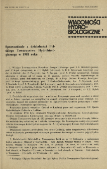 Sprawozdanie z działalności Polskiego Towarzystwa Hydrobiologicznego w 1981 roku