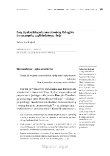 Ewy Lipskiej kłopot z samotnością. Od og&oacute;łu do szczeg&oacute;łu, czyli dedukowanie ja