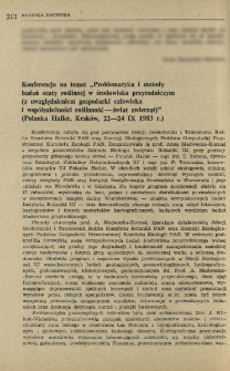 Konferencja na temat "Problematyka i metody badań szaty roślinnej w środowisku przyrodniczym (z uwzględnieniem gospodarki czowieka i współzależność roślinność - świat zwierząt)" (Polanka Haller, Kraków, 22-24 IX 1983 r.)