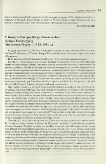 3. Kongres Europejskiego Towarzystwa Biologii Ewolucyjnej (Debreczyn, Węgry, 1-5 IX 1991 r.)