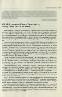 XIX Międzynarodowy Kongres Entomologiczny (Beijing, Chiny, 28 VI -4 VII 1992 r.)