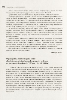 Ogólnopolska konferencja na temat "Funkcjonowanie i ochrona ekosystemów wodnych na obszarach chronionych" (Wigry, 11-13 V 1998 r.)