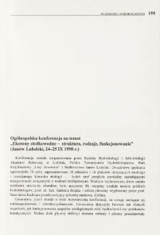 Ogólnopolska konferencja na temat "Ekotony słodkowodne - struktura, rodzaje, funkcjonowanie" (Janów Lubelski, 24-25 IX 1998 r.)