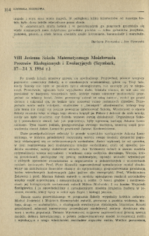 VIII Jesienna Szkoła Matematycznego Modelowania Procesów Ekologicznych i Ewolucyjnych (Szymbark, 17-24 X 1984 r.)