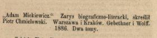 [Recenzja :] Adam Mickiewicz. Zarys biograficzno-literacki, skreślił Piotr Chmielowski [...]