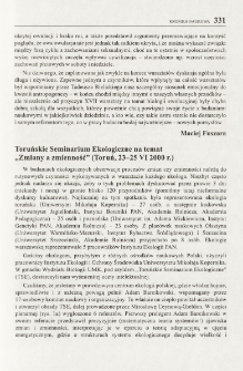 Toruńskie Seminarium Ekologiczne na temat "Zmiany a zmienność" (Toruń, 23-25 VI 2000 r.)