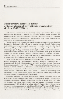 Międzynarodowa konferencja na temat "Fitogeograficzne problemy roślinności synantropijnej" (Kraków, 13-15 IX 2000 r.)