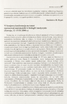 VI krajowa konferencja na temat zastosowań matematyki w biologii i medycynie (Zawoja, 12-15 IX 2000 r.)